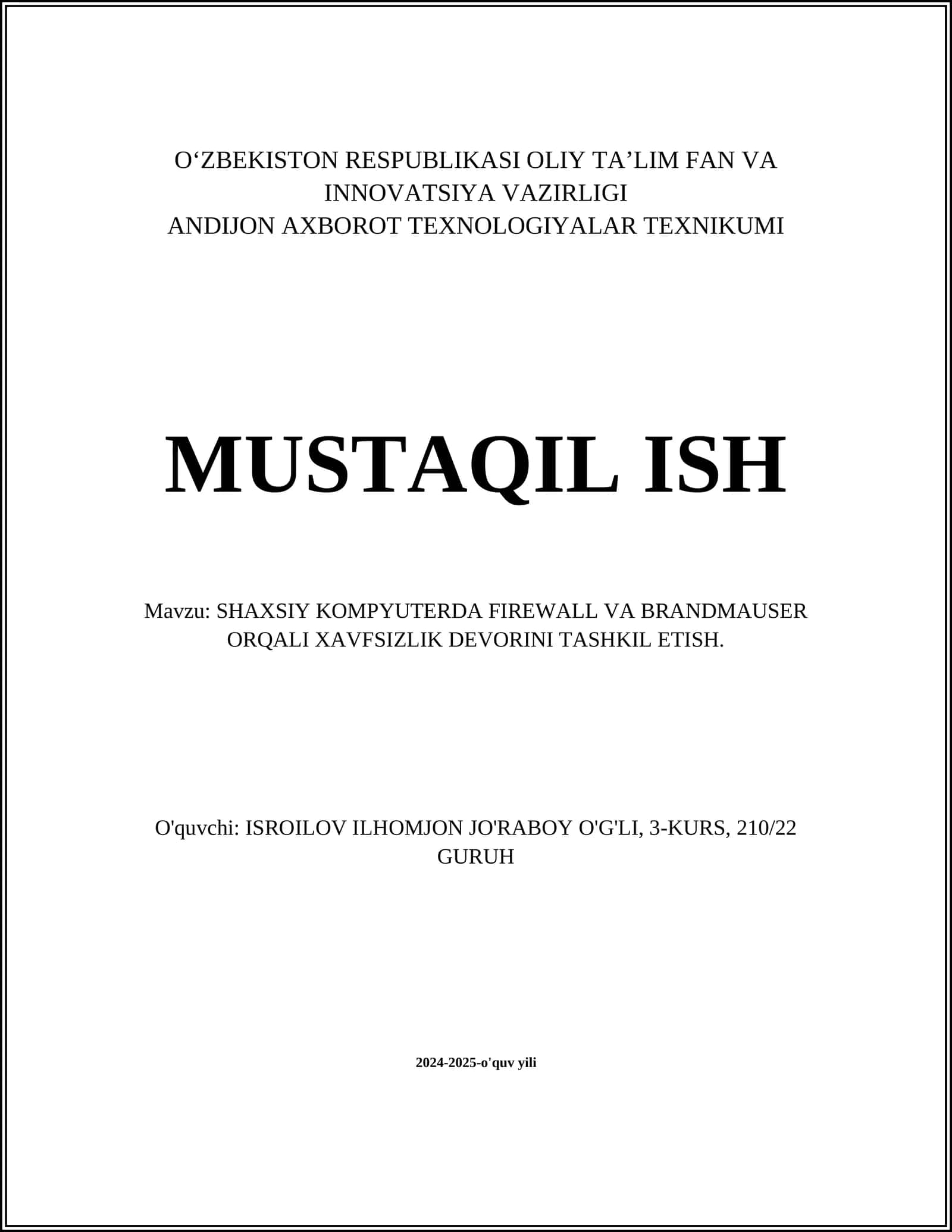 SHAXSIY KOMPYUTERDA FIREWALL VA BRANDMAUSER ORQALI XAVFSIZLIK DEVORINI TASHKIL ETISH 1