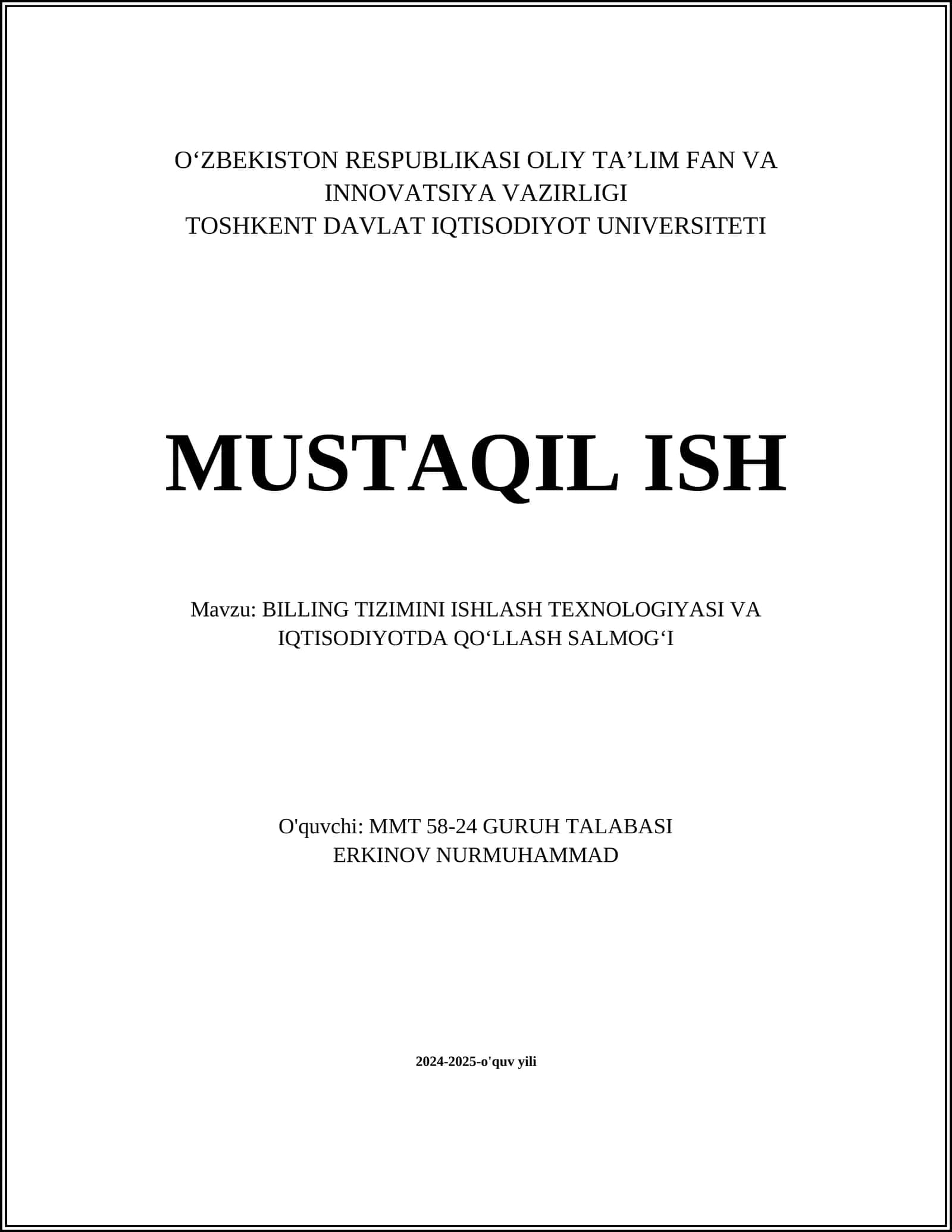 BILLING TIZIMINI ISHLASH TEXNOLOGIYASI VA IQTISODIYOTDA QOʻLLASH SALMOGʻI 1