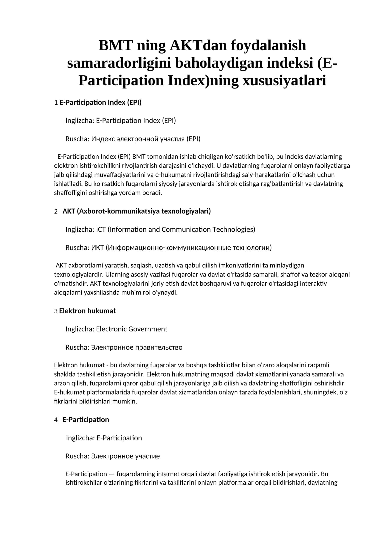 BMT ning AKTdan foydalanish samaradorligini baholaydigan indeksi (E-Participation Index)ning xususiyatlari 1