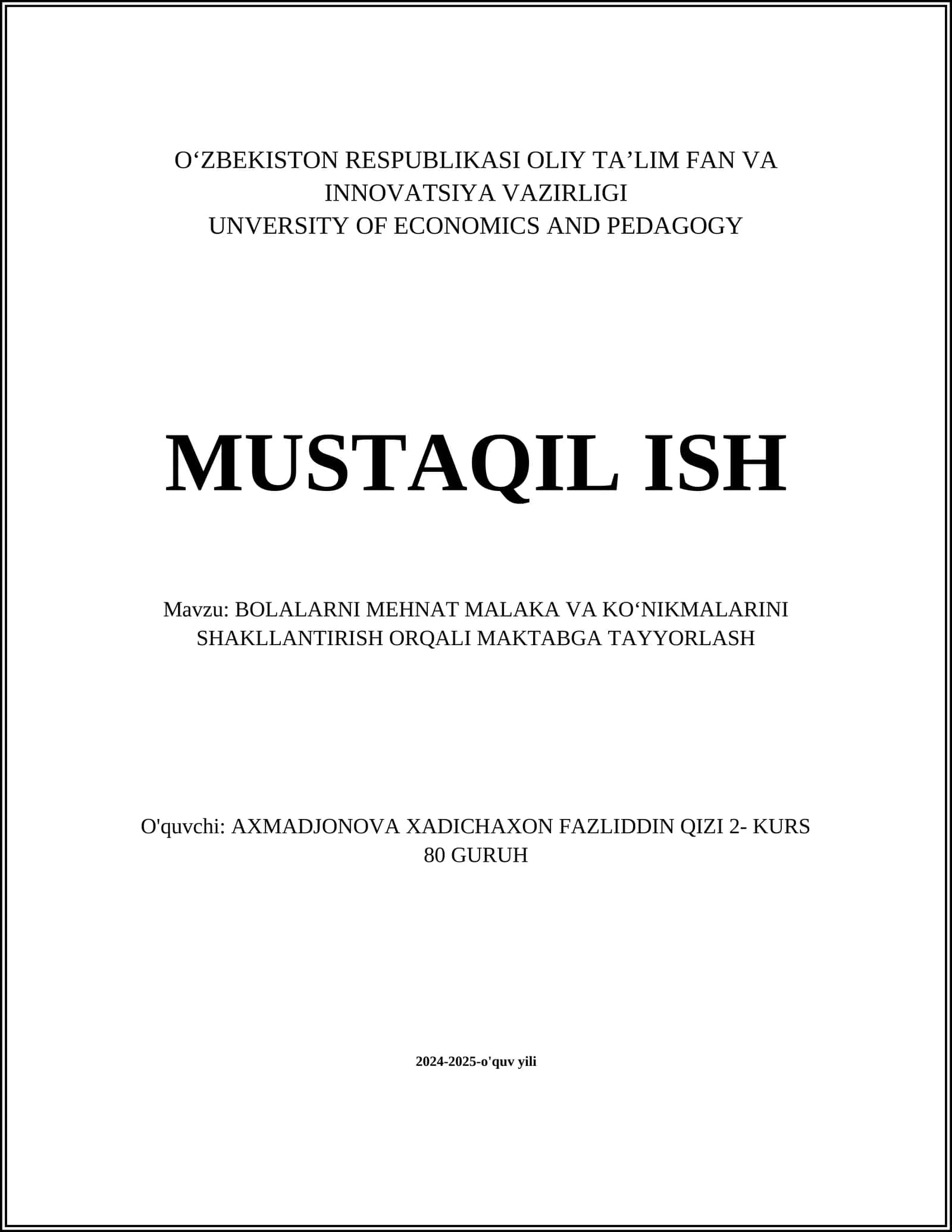 BOLALARNI MEHNAT MALAKA VA KOʻNIKMALARINI SHAKLLANTIRISH ORQALI MAKTABGA TAYYORLASH 1