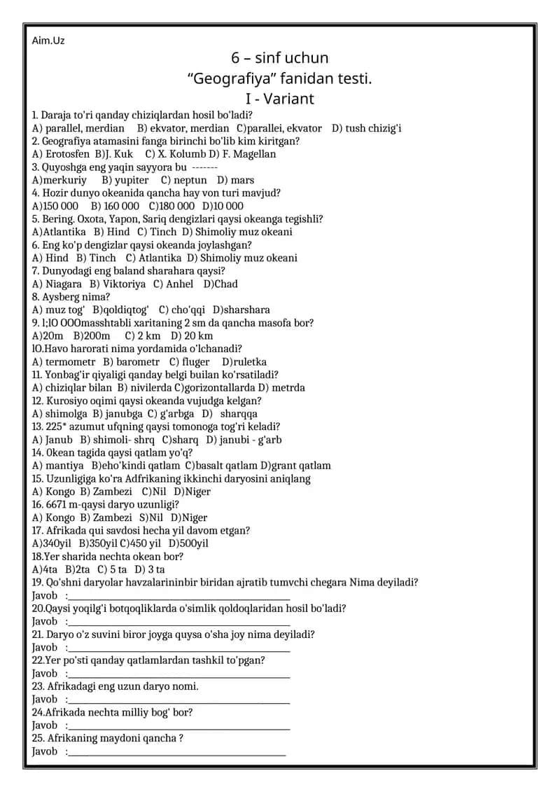 6 – sinf uchun “Geografiya” fanidan testi. I - Variant 1