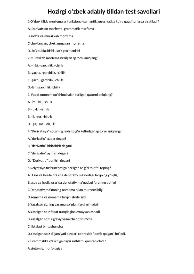 hozirgi o'zbek adabiy tili fanidan test 1
