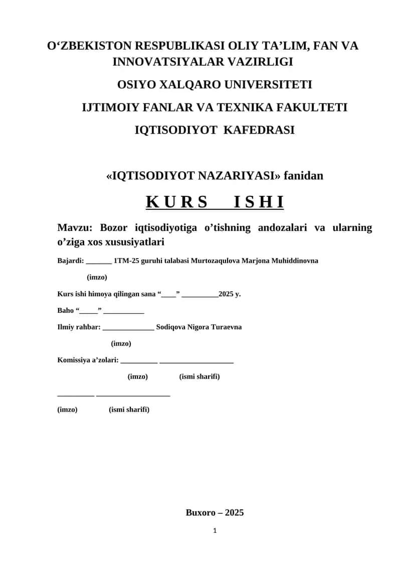 Bozor iqtisodiyotiga o’tishning andozalari va ularning o’ziga xos xususiyatlari 1