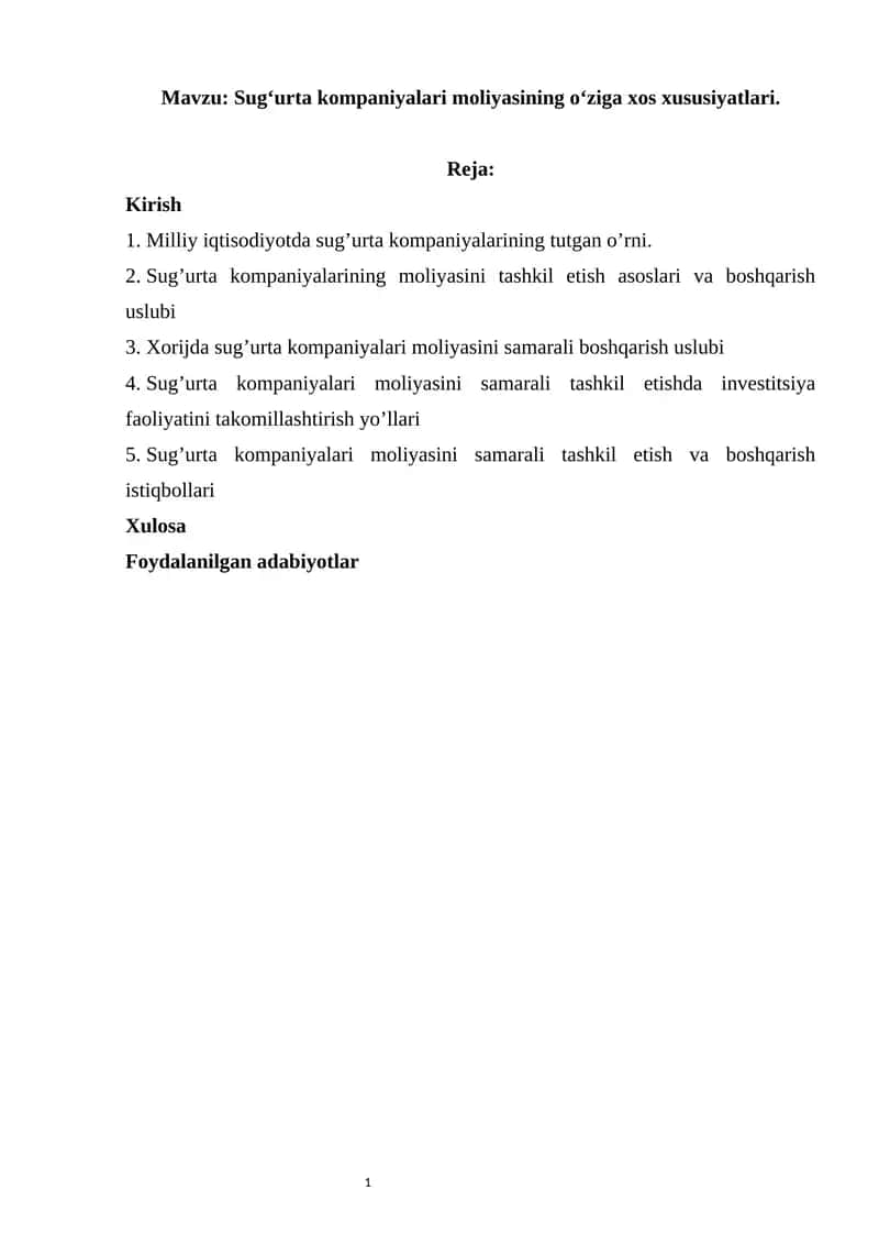 Sug‘urta kompaniyalari moliyasining o‘ziga xos xususiyatlari 1