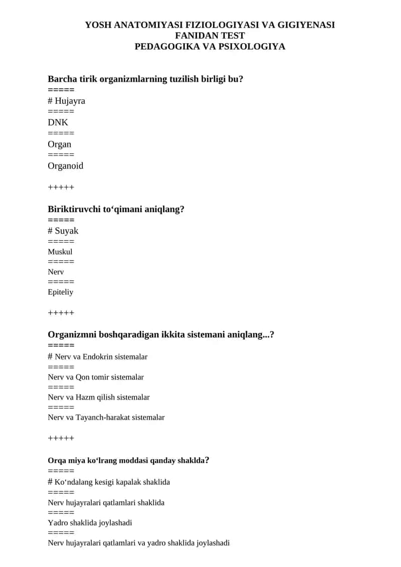 YOSH ANATOMIYASI FIZIOLOGIYASI VA GIGIYENASI FANIDAN TEST 1