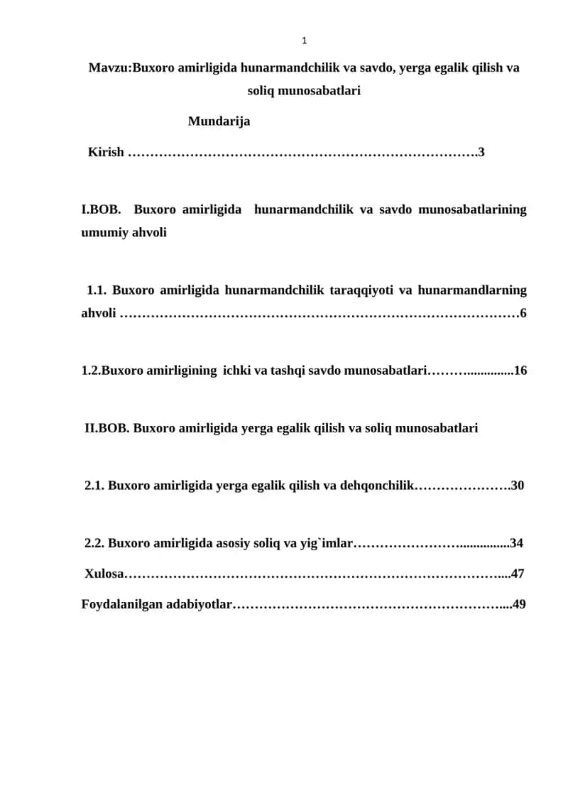 Buxoro amirligida hunarmandchilik va savdo, yerga egalik qilish va soliq munosabatlari 1