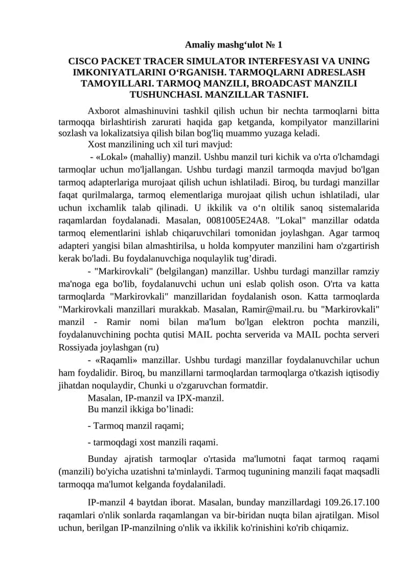 Cisco packet trecer simulator interfeysi va imkoniyatini oʻrganish 1