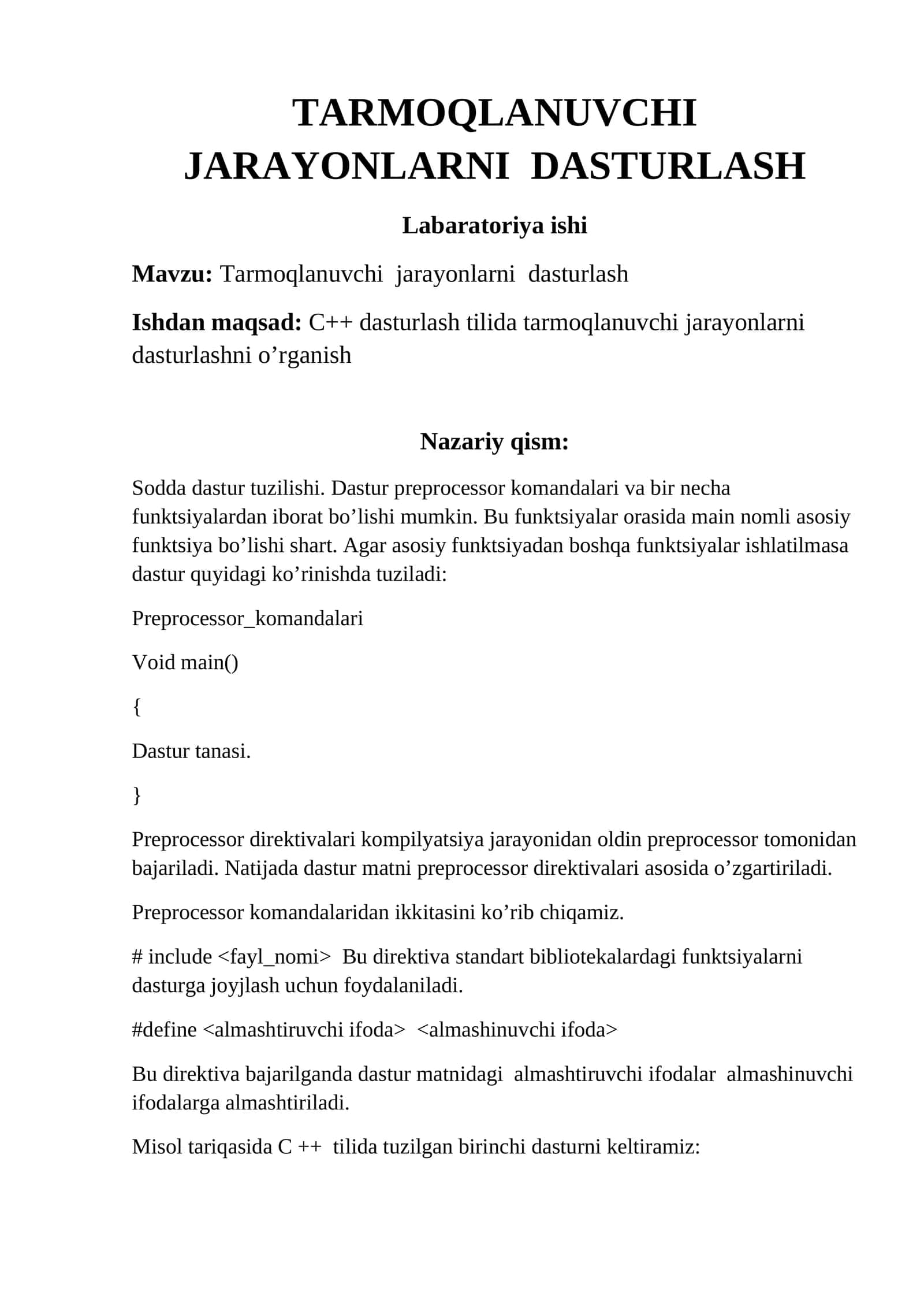 Tarmoqlanuvchi jarayonlarni dasturlash 1