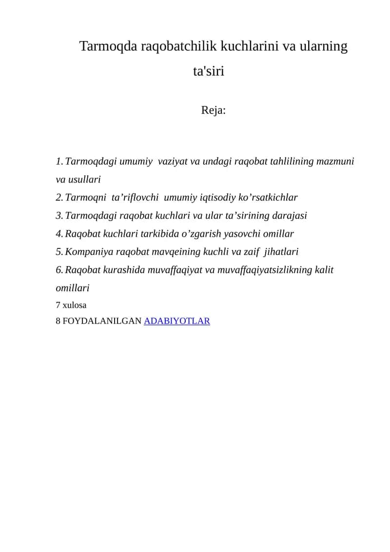 Tarmoqda raqobatchilik kuchlarini va ularning ta'siri 1