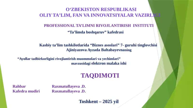 Ayollar tadbirkorligini rivojlantirish muommolari va yechimlari 1