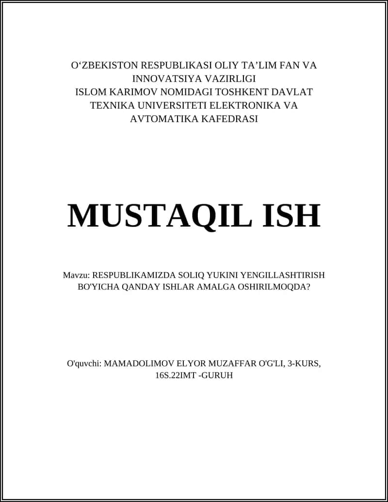 RESPUBLIKAMIZDA SOLIQ YUKINI YENGILLASHTIRISH BO'YICHA QANDAY ISHLAR AMALGA OSHIRILMOQDA? 1