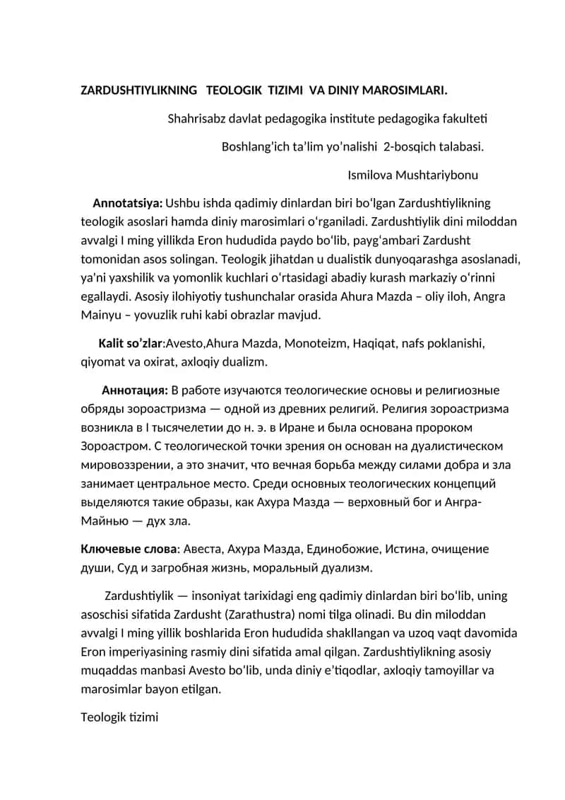 ZARDUSHTIYLIKNING TEOLOGIK TIZIMI VA DINIY MAROSIMLARI 1