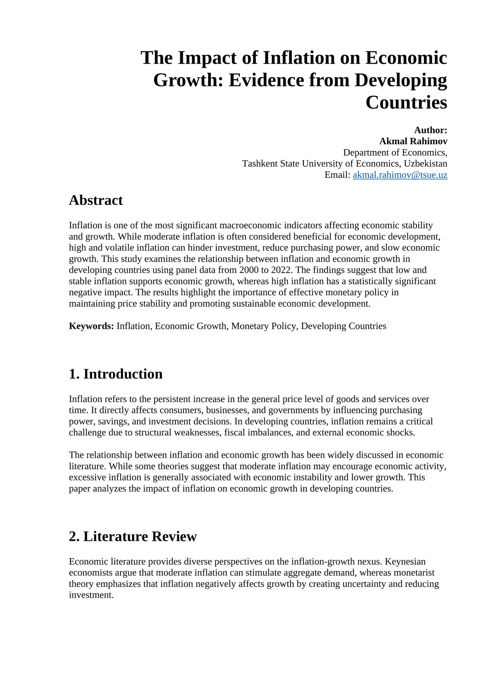 The Impact of Inflation on Economic Growth: Evidence from Developing Countries 1