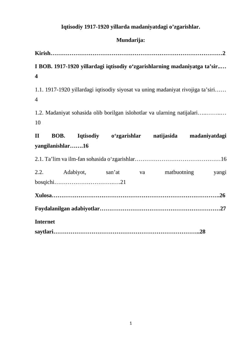 Iqtisodiy 1917-1920 yillarda madaniyatdagi o’zgarishlar 1