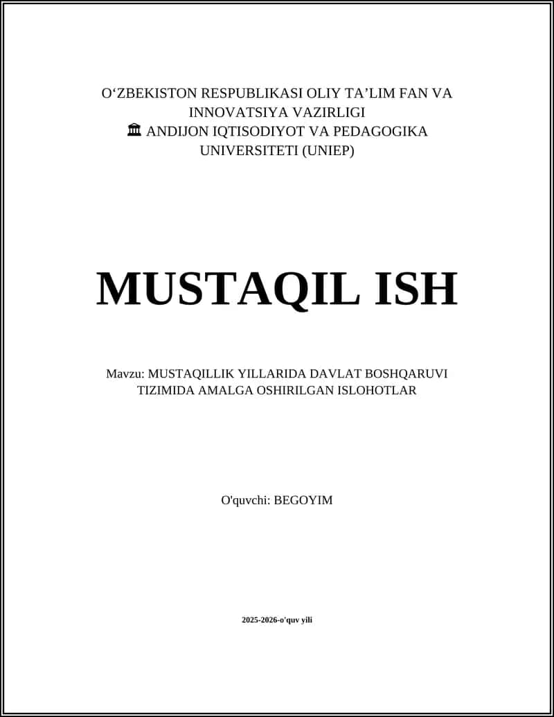 MUSTAQILLIK YILLARIDA DAVLAT BOSHQARUVI TIZIMIDA AMALGA OSHIRILGAN ISLOHOTLAR 1