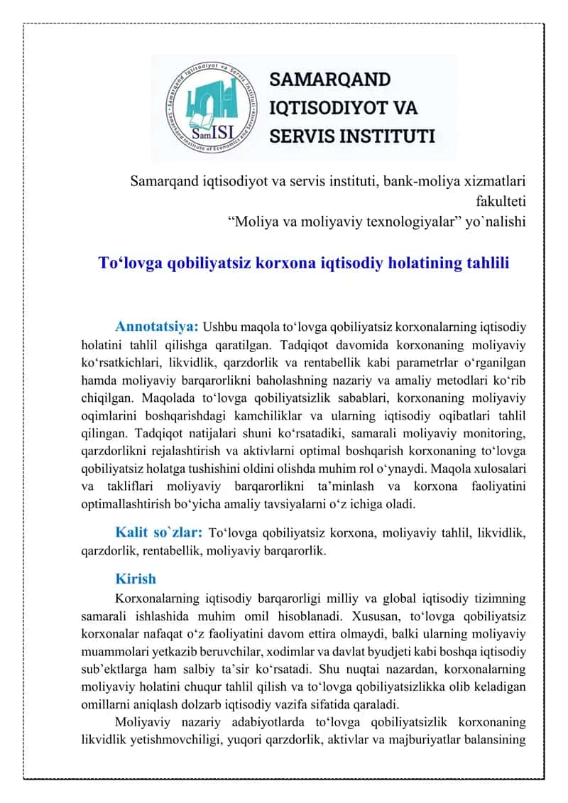 To‘lovga qobiliyatsiz korxona iqtisodiy holatining tahlili 1