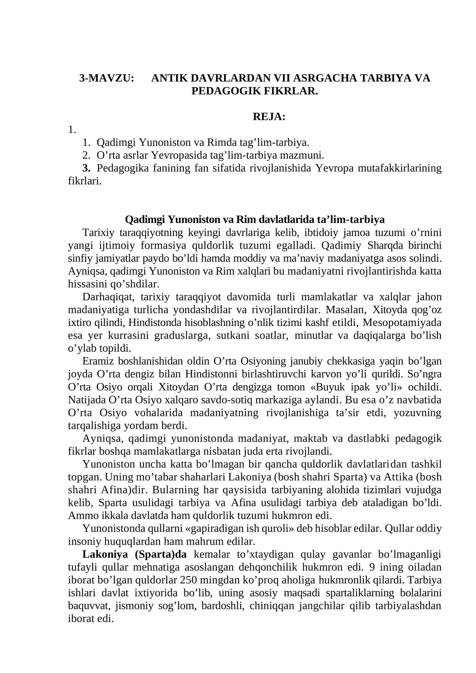ANTIK DAVRLARDAN VII ASRGACHA TARBIYA VA PEDAGOGIK FIKRLAR 1