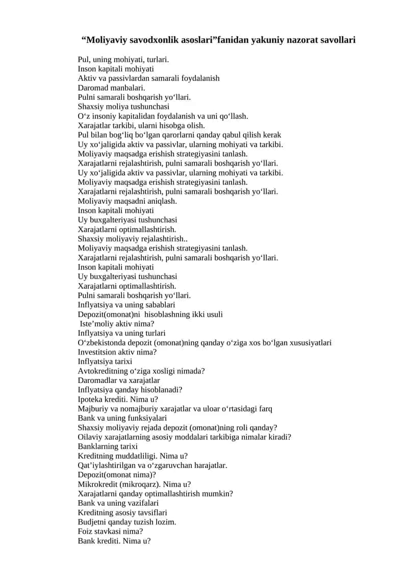 Moliyaviy savodxonlik asoslari 1