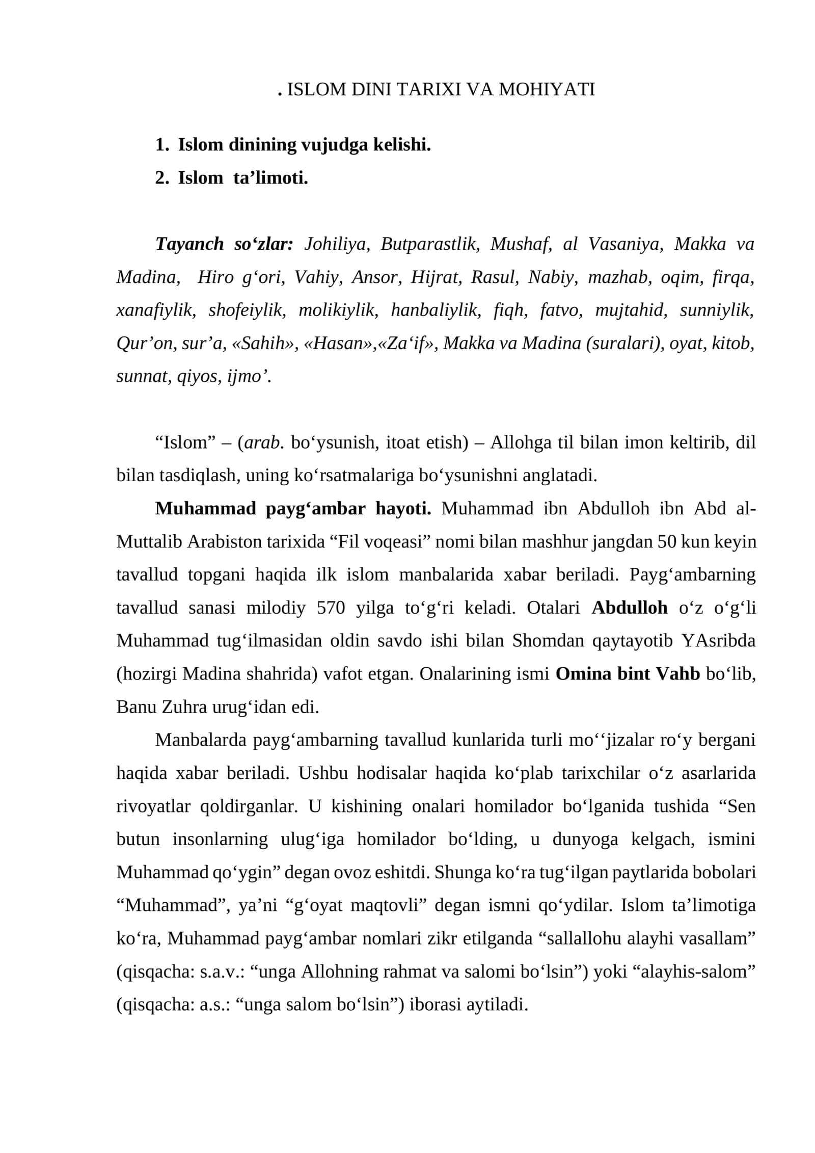 ISLOM DINI TARIXI VA MOHIYATI 1