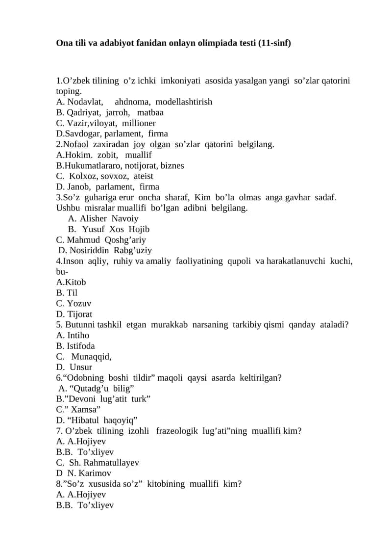 Ona tili va adabiyot fanidan onlayn olimpiada testi (11-sinf) 1
