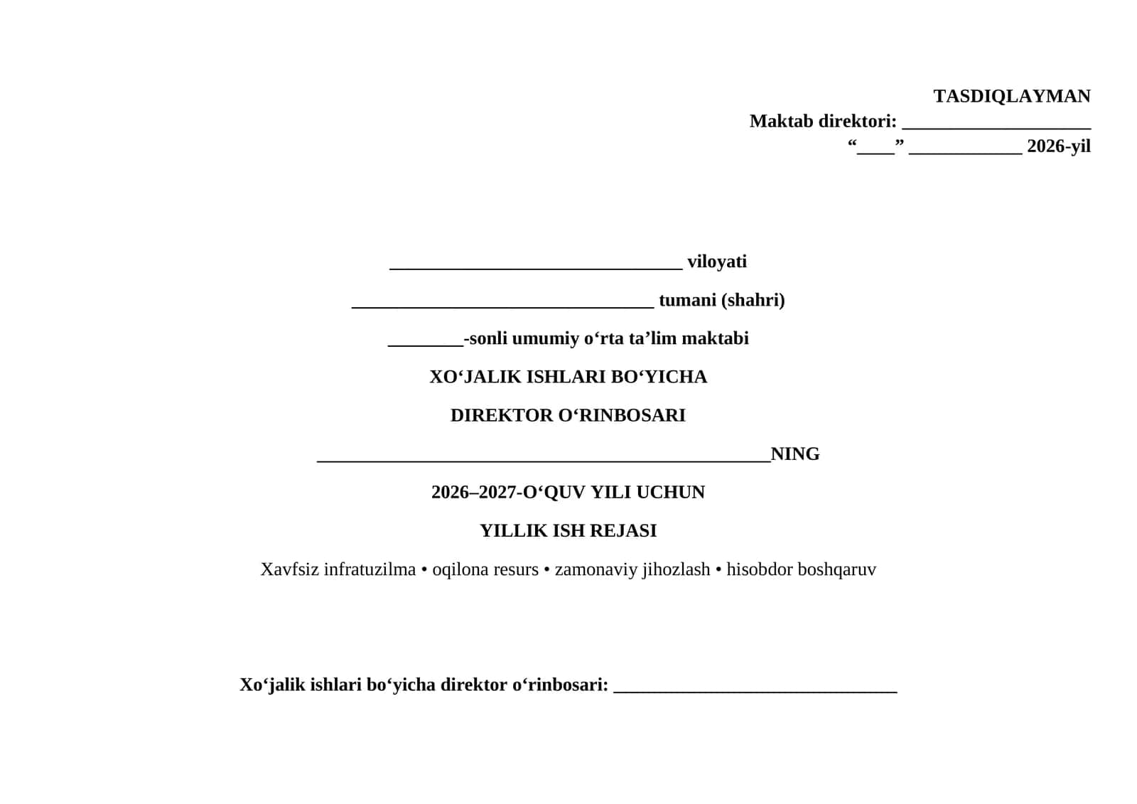 Maktab xo'jalik ishlari bo'yicha direktor o'rinbosarining yillik ish rejasi yangi 1
