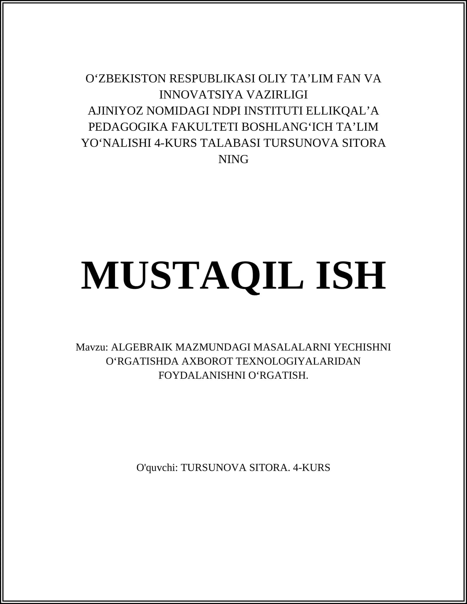 ALGEBRAIK MAZMUNDAGI MASALALAR NI YECHISHNI O‘RGATISH 1