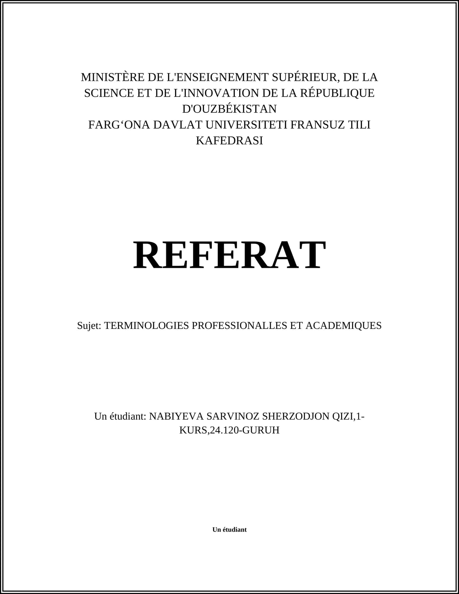 REFERAT: TERMINOLOGIES PROFESSIONALLES ET ACADEMIQUES 1