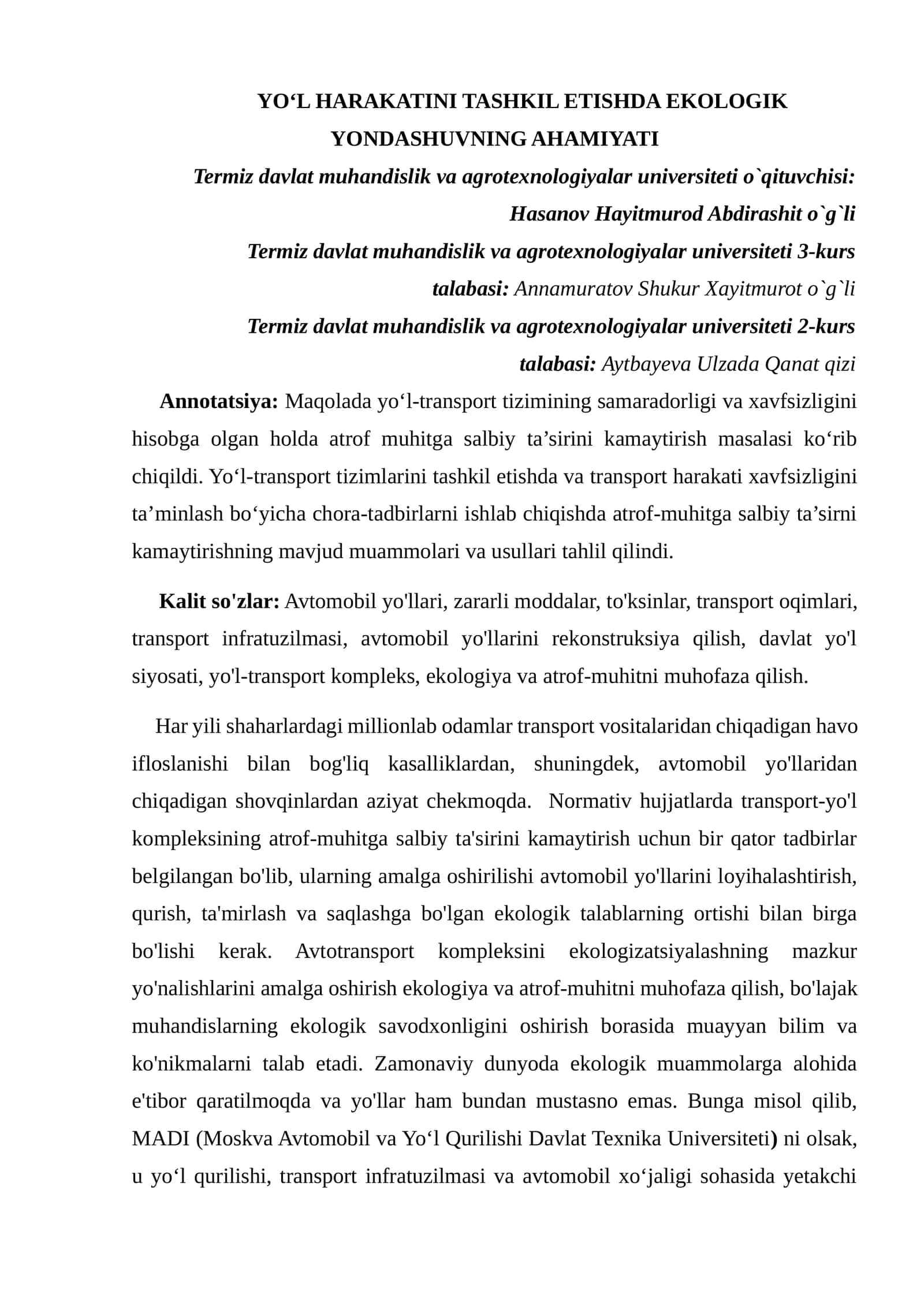 YO‘L HARAKATINI TASHKIL ETISHDA EKOLOGIK YONDASHUVNING AHAMIYATI 1