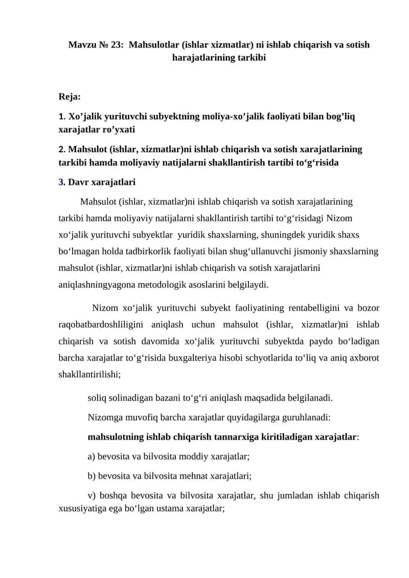 Mahsulotlar (ishlar xizmatlar)ni ishlab chiqarish va sotish harajatlarining tarkibi 1