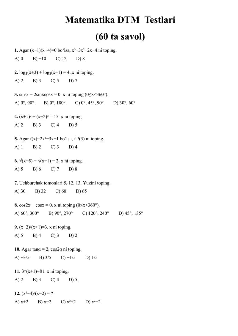 Matematikadan DTM testlar 1
