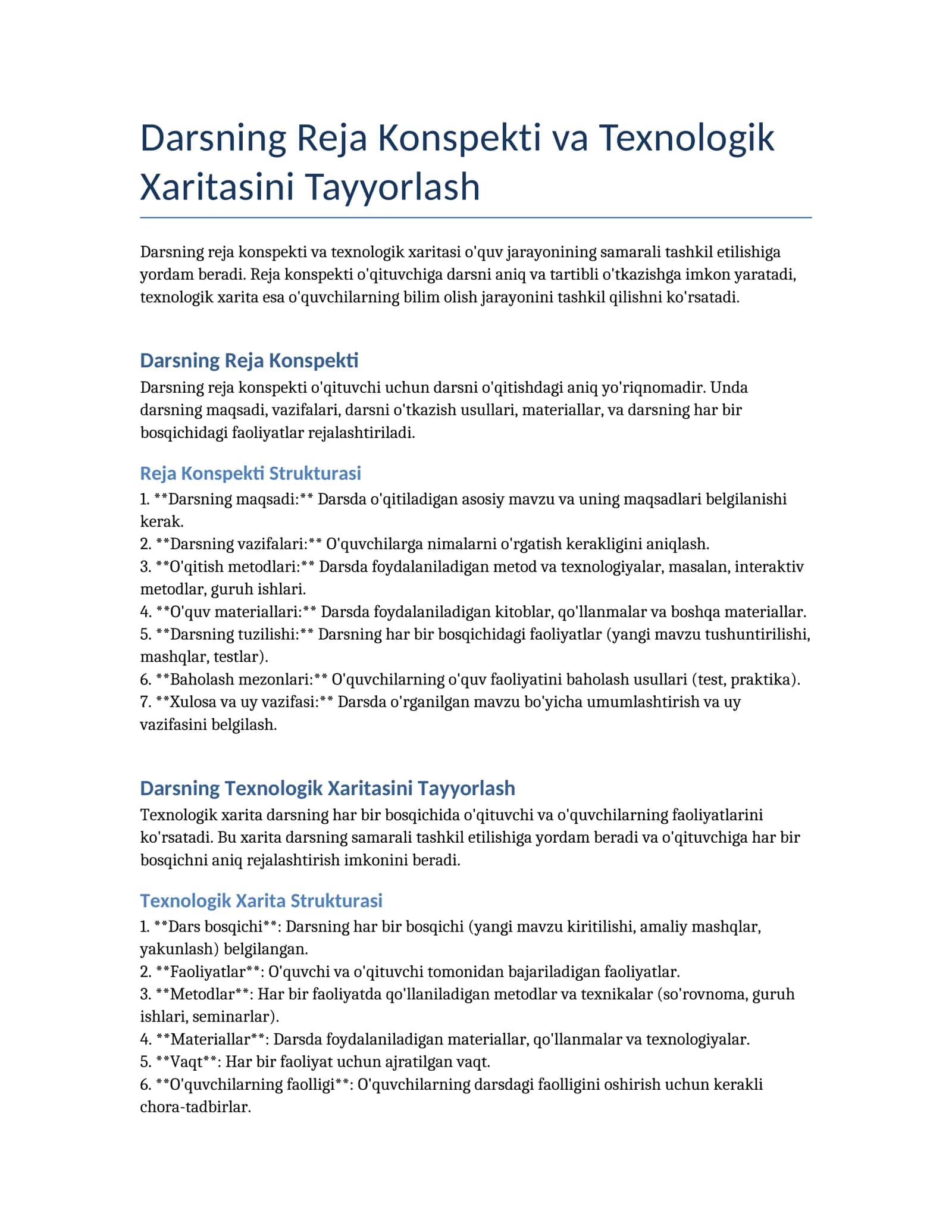 Darsning Reja Konspekti va Texnologik Xaritasini Tayyorlash 1
