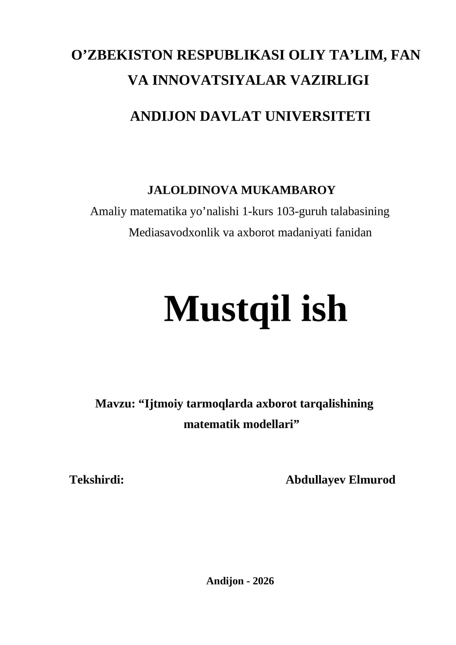 Amaliy matematika yo’nalishi 1-kurs 103-guruh talabasining 1