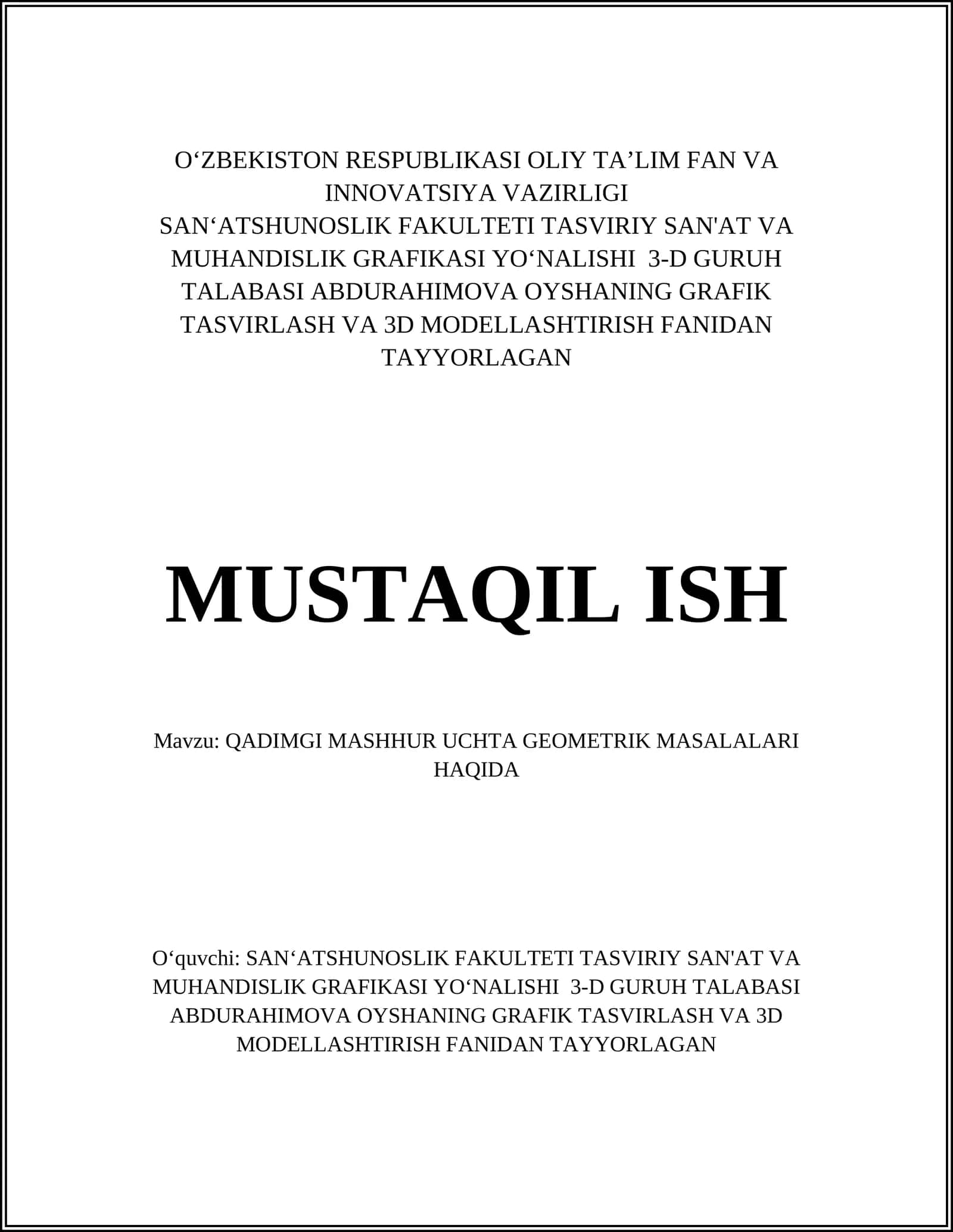 QADIMGI MASHHUR UCHTA GEOMETRIK MASALALARI HAQIDA 1