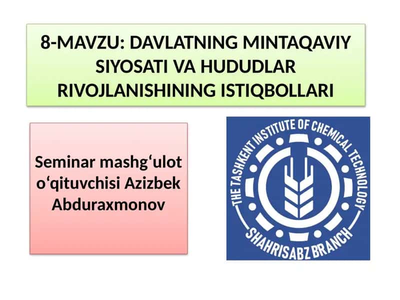 DAVLATNING MINTAQAVIY SIYOSATI VA HUDUDLAR RIVOJLANISHINING ISTIQBOLLARI 1