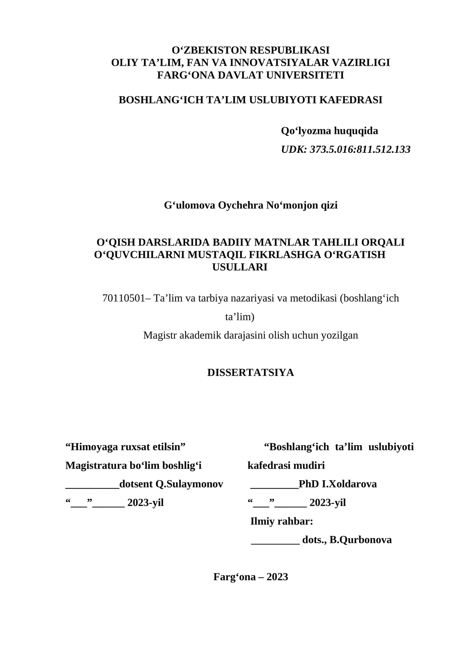 OʻQISH DARSLARIDA BADIIY MATNLAR TAHLILI ORQALI OʻQUVCHILARNI MUSTAQIL FIKRLASHGA OʻRGATISH USULLARI 1