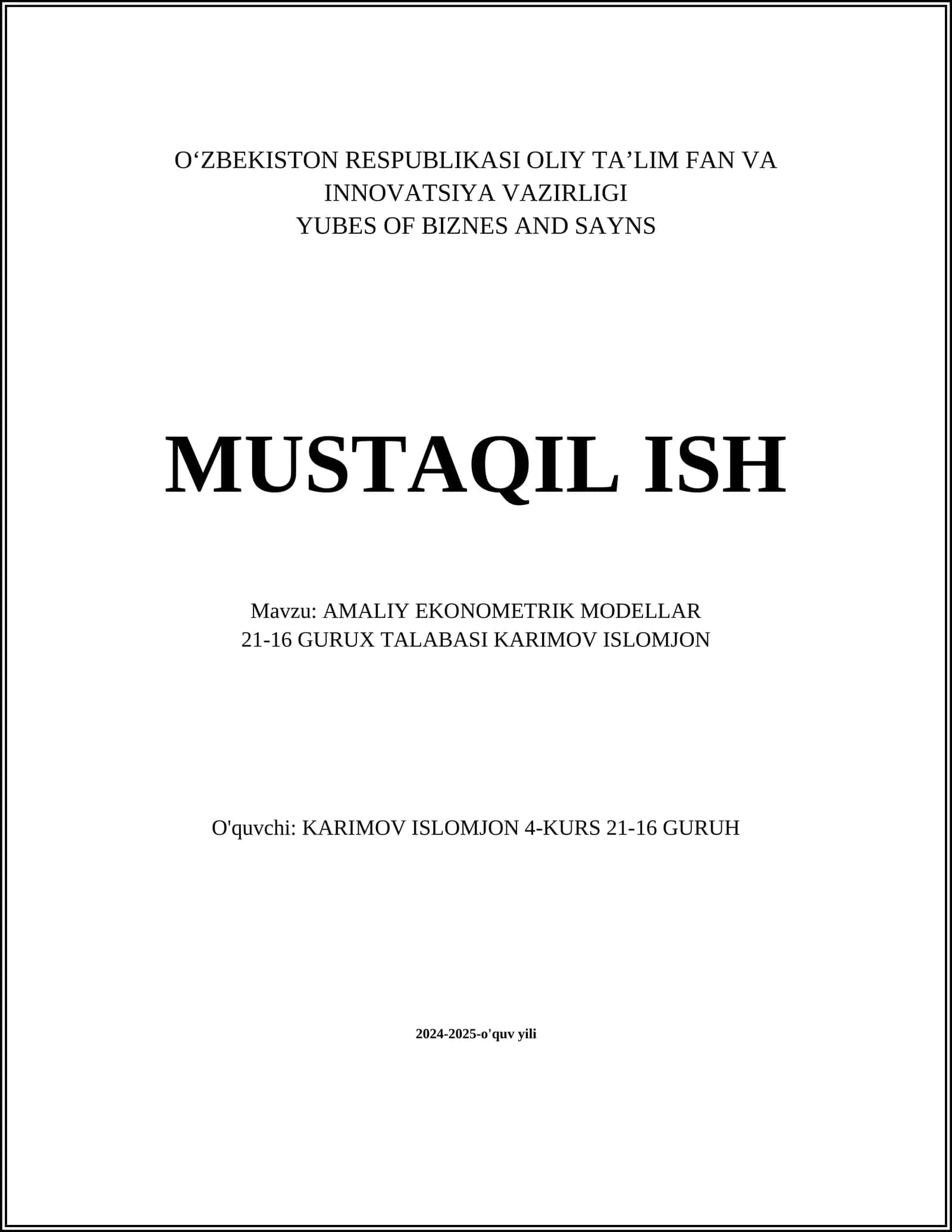 AMALIY EKONOMETRIK MODELLAR 1