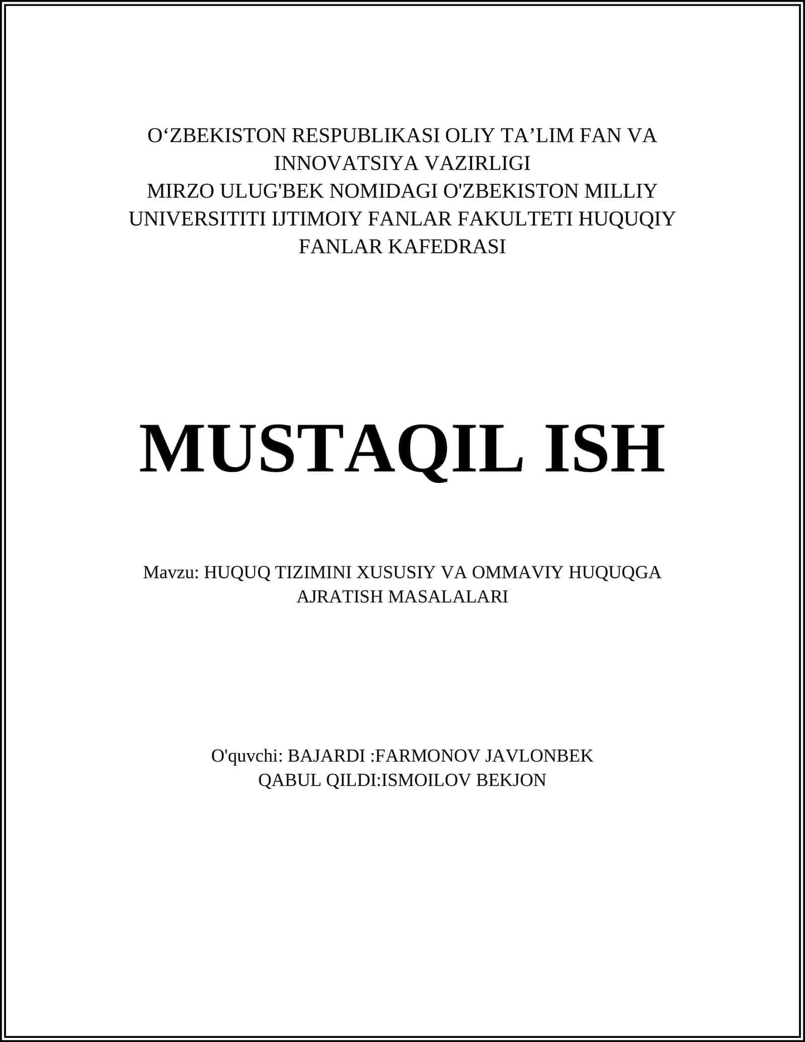 HUQUQ TIZIMINI XUSUSIY VA OMMAVIY HUQUQGA AJRATISH MASALALARI 1