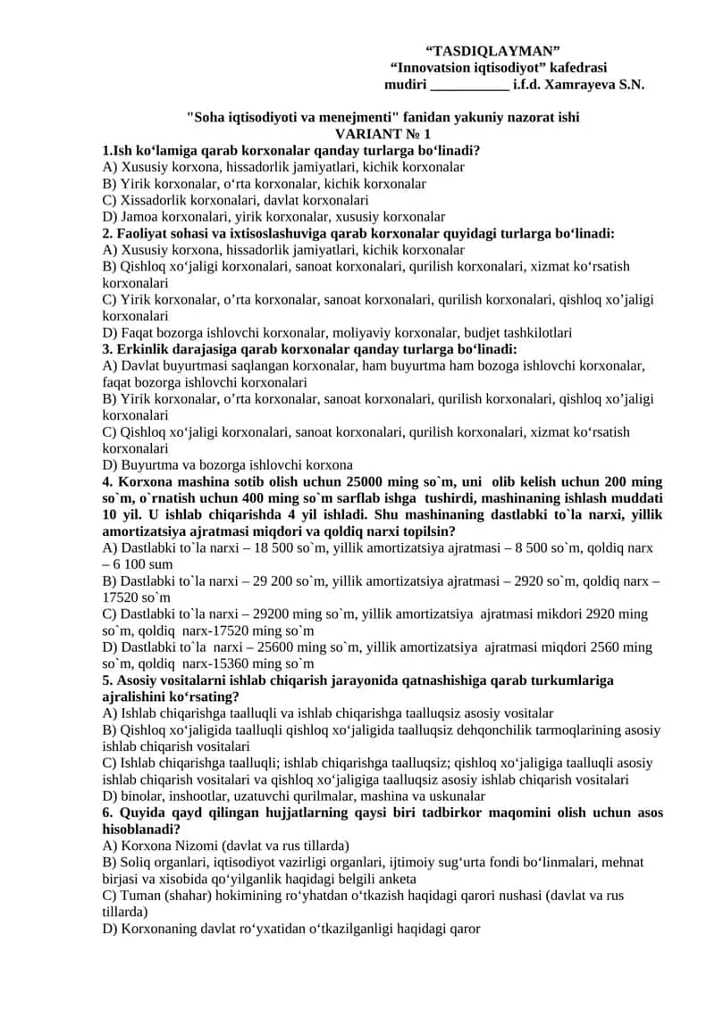 "Soha iqtisodiyoti va menejmenti" fanidan yakuniy nazorat ishi 1