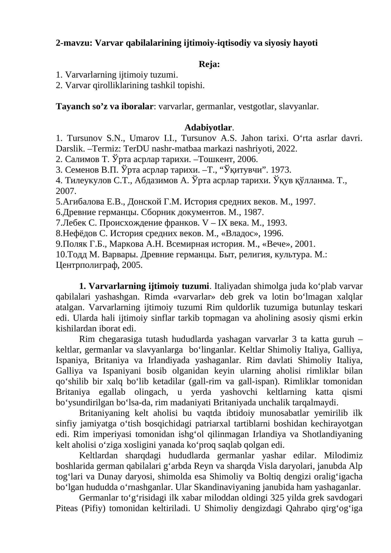 2-mavzu: Varvar qabilalarining ijtimoiy-iqtisodiy va siyosiy hayoti 1