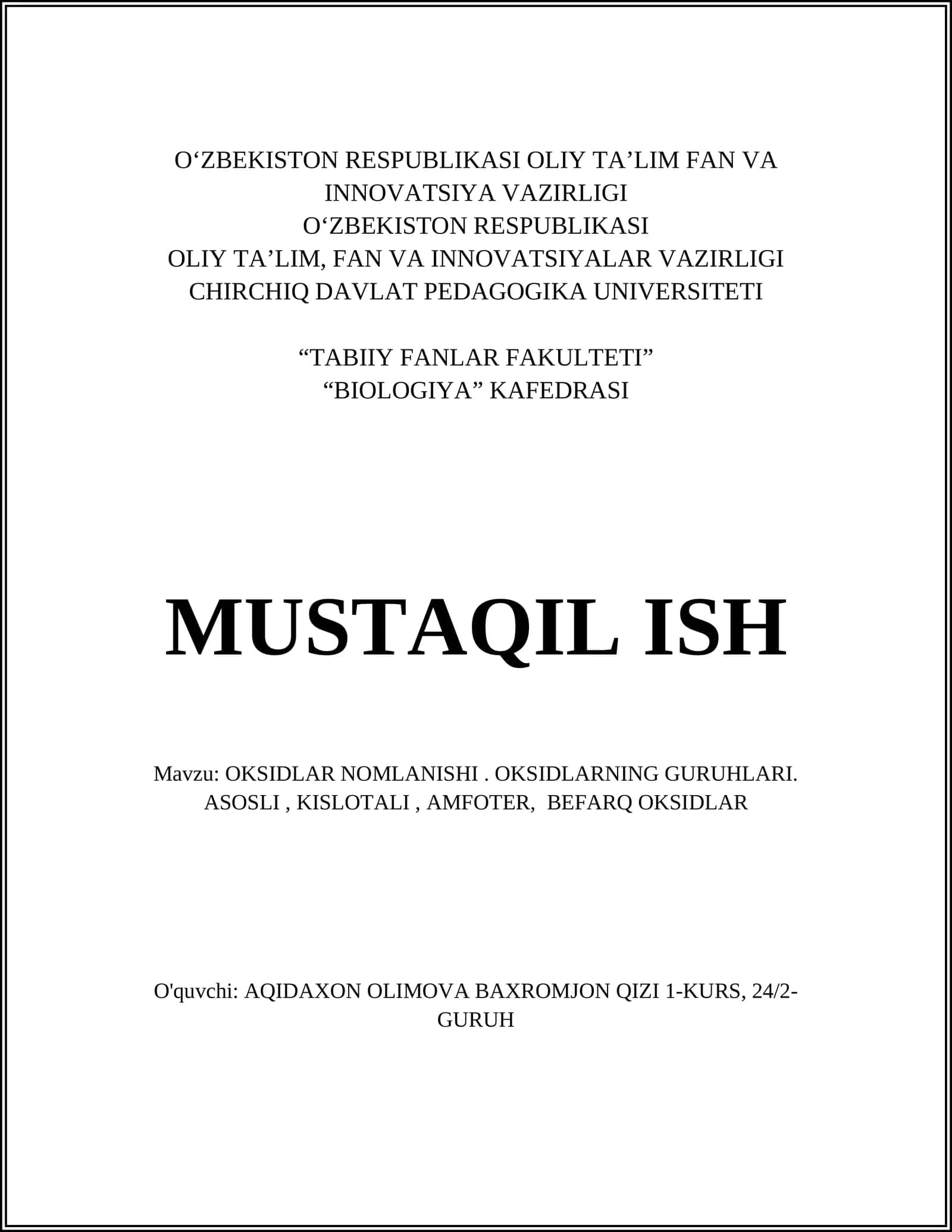 OKSIDLAR NOMLANISHI. OKSIDLARNING GURUHLARI. ASOSLI, KISLOTALI, AMFOTER, BEFARQ OKSIDLAR 1