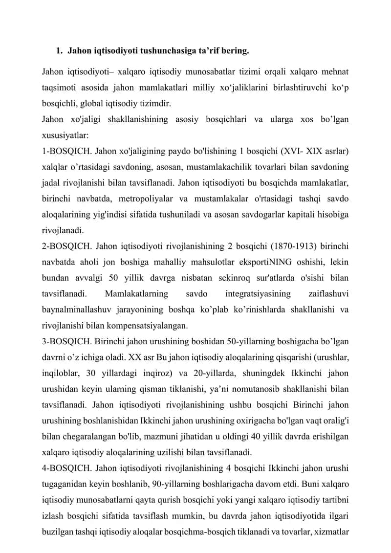 Jahon iqtisodiyoti fanidan savollar toʻplami. 1
