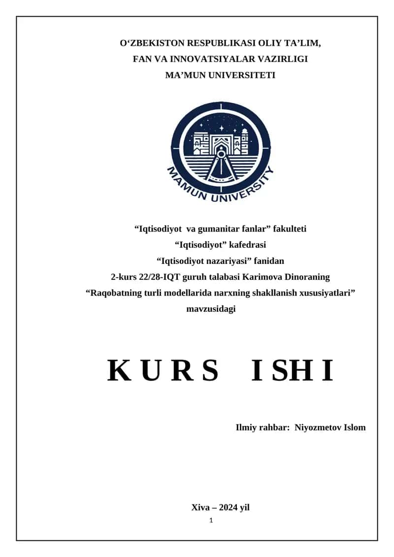 Raqobatning turli modellarida narxning shakllanish xususiyatlari 1
