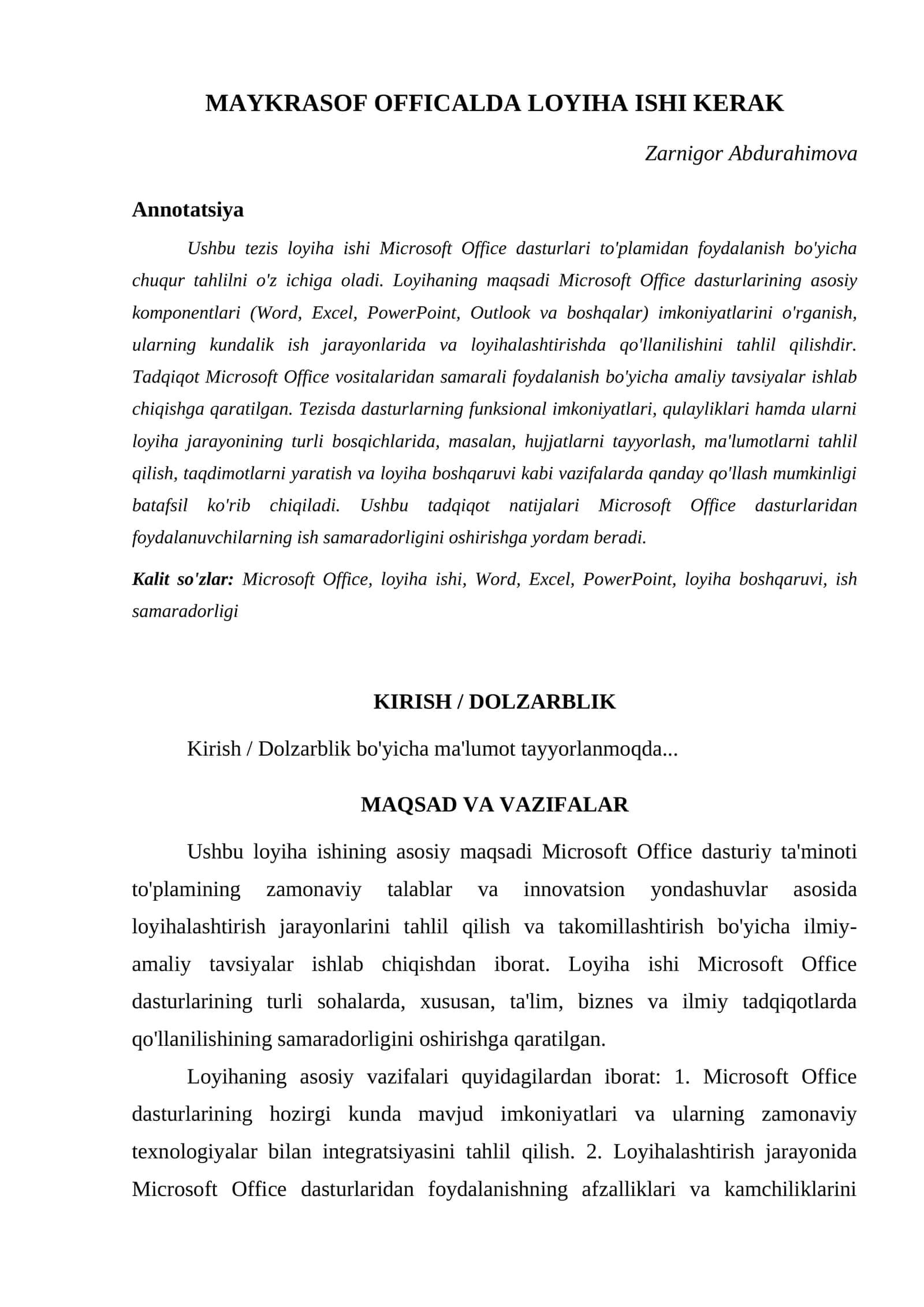 MAYKRASOF OFFICALDA LOYIHA ISHI KERAK 1