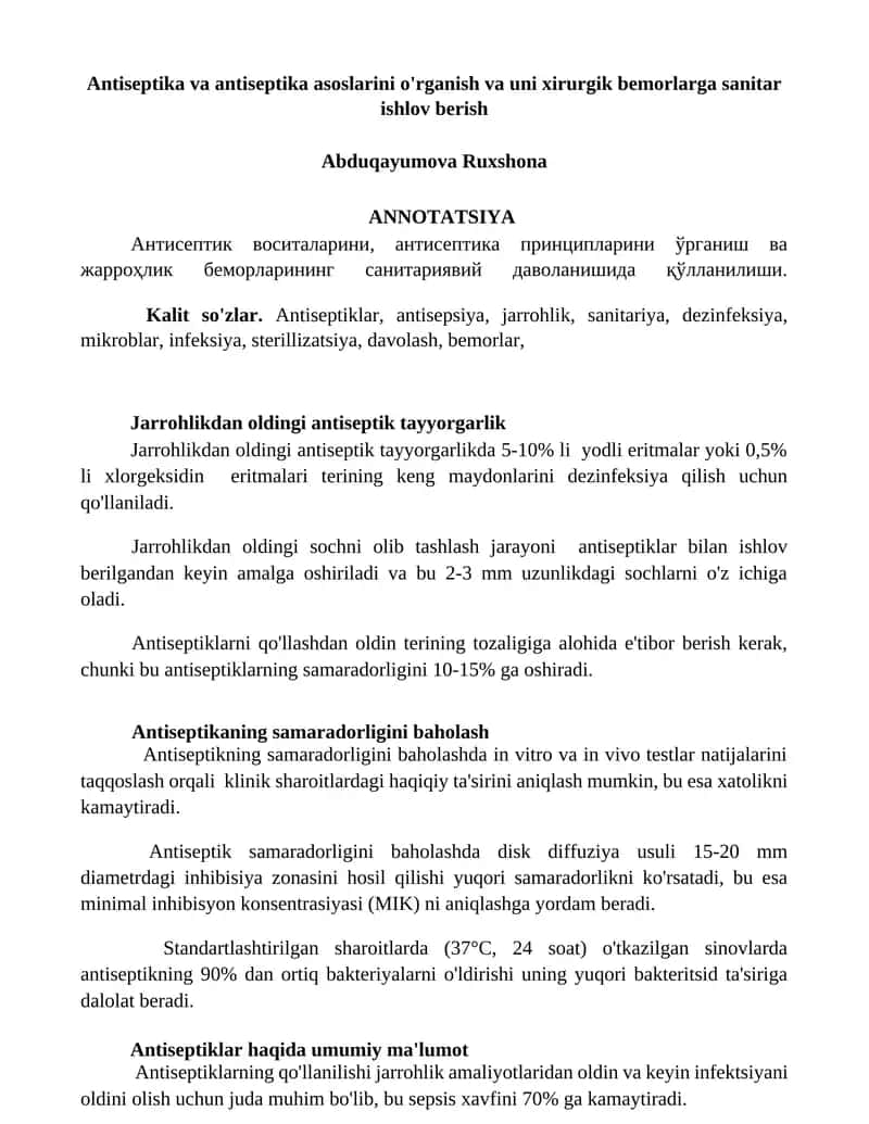 Антисептика ва антисептика асосларини ўрганиш ва уни хирургик беморларга санитар ишлов бериш 1