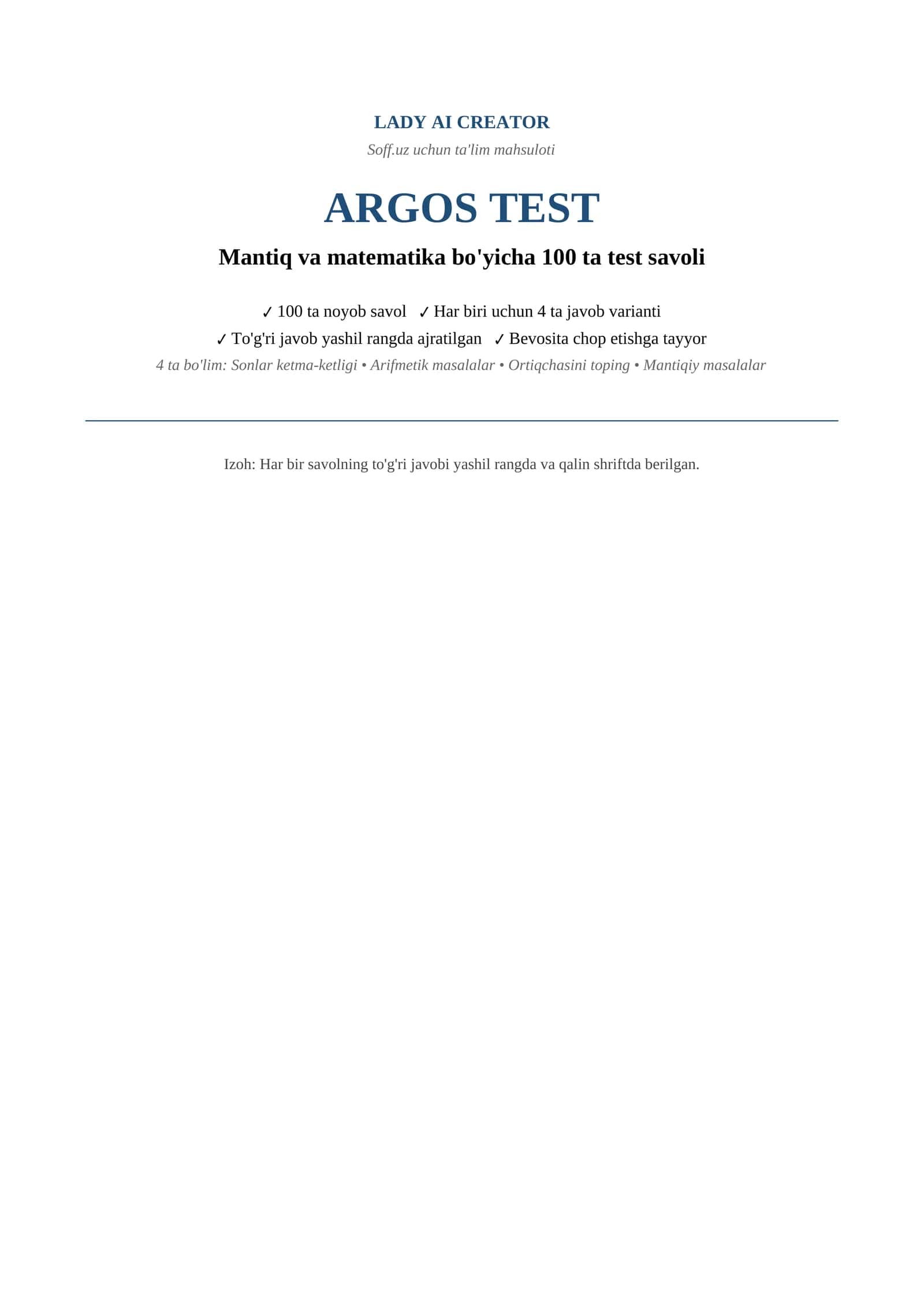 ARGOS Test — Mantiq va Matematika: 100 ta Savol va Javoblar To'plami (2026) 1