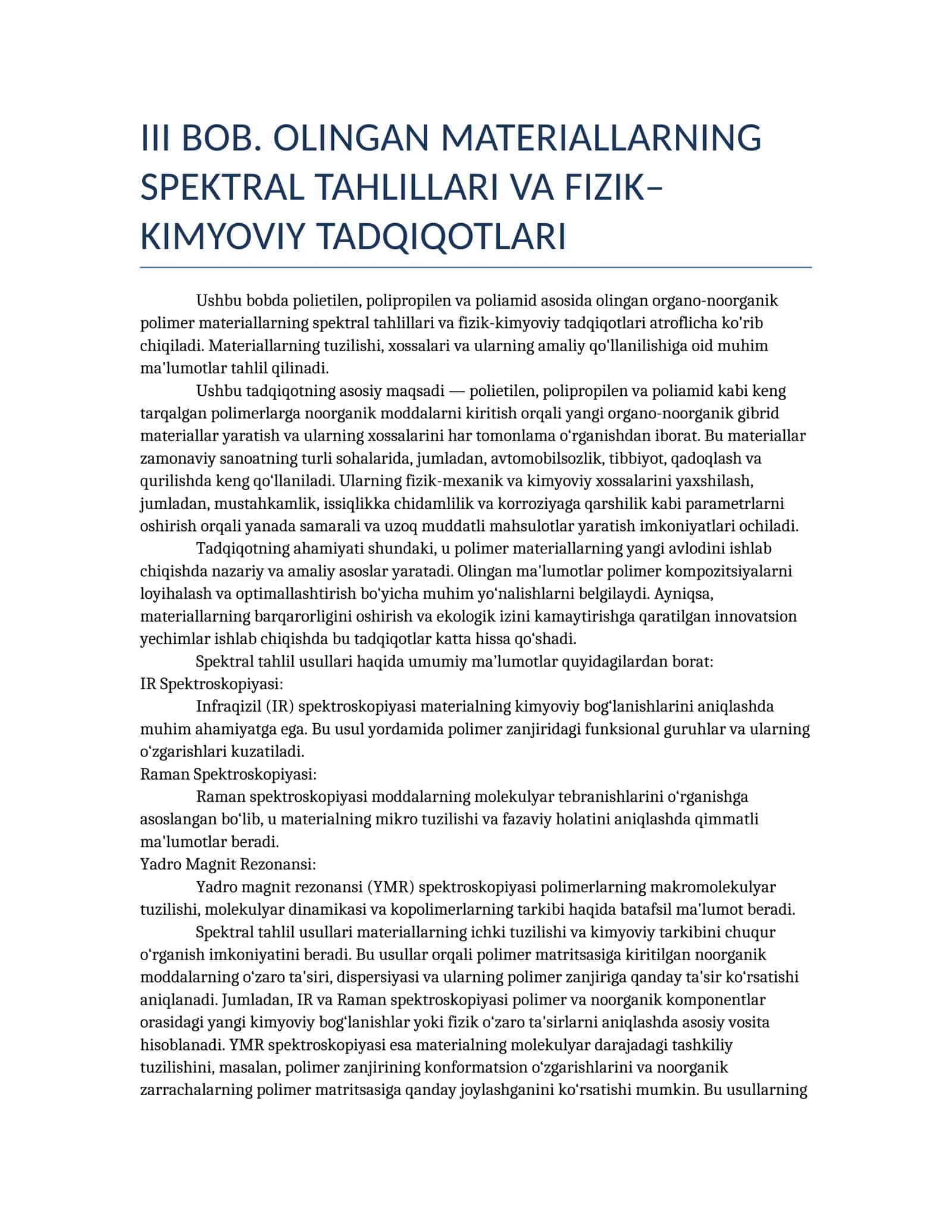 Ushbu bobda polietilen, polipropilen va poliamid asosida olingan organo-noorganik polimer materiallarning spektral ta'lili va fizik-kimyoviy tadqiqotlari 1