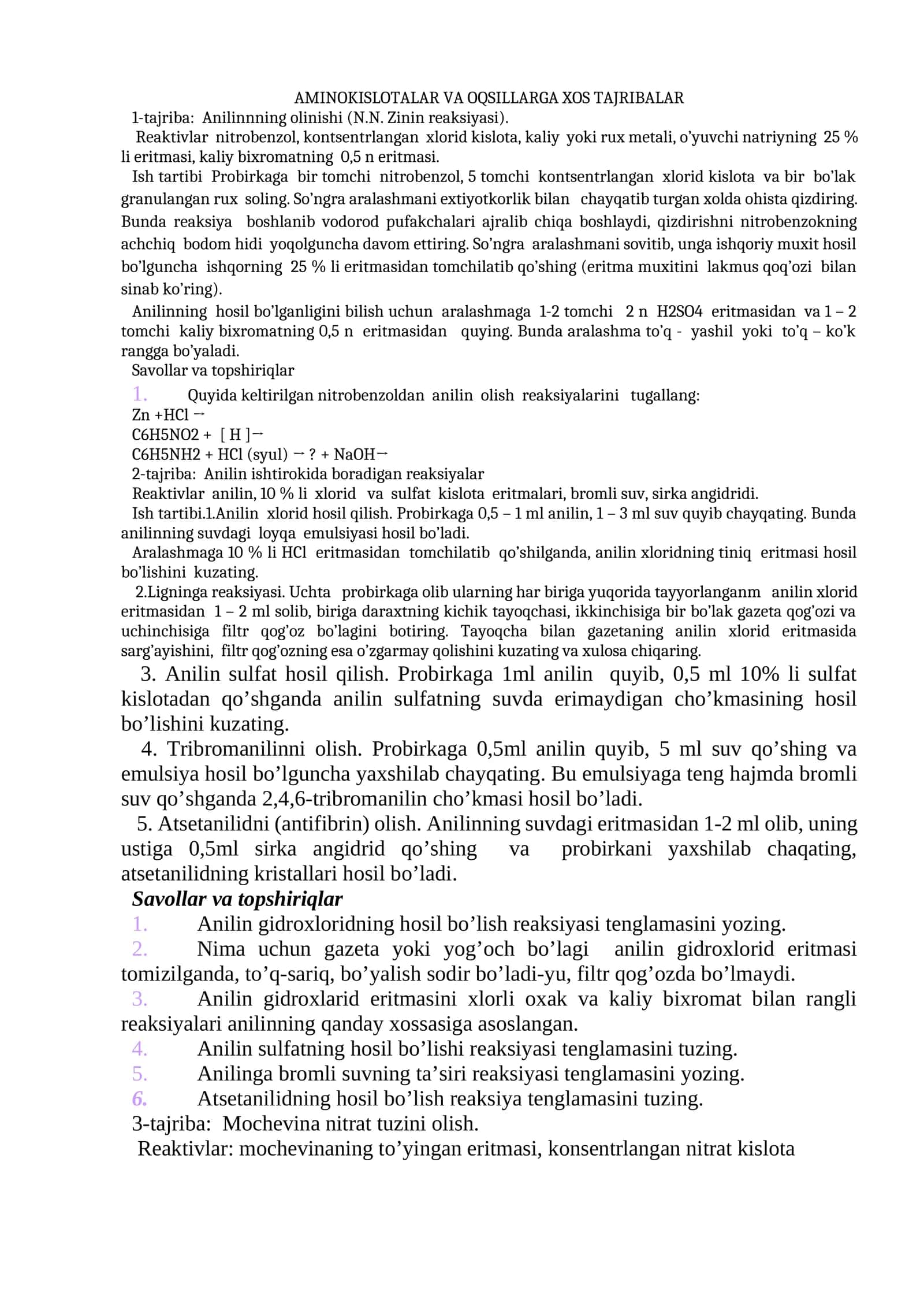 AMINOKISLOTALAR VA OQSILLARGA XOS TAJRIBALAR 1