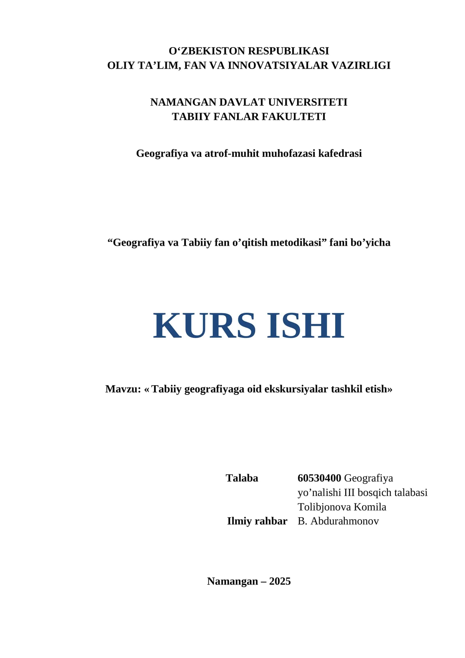 Geografiya va Tabiiy fan o’qitish metodikasi KURS ISHI 1