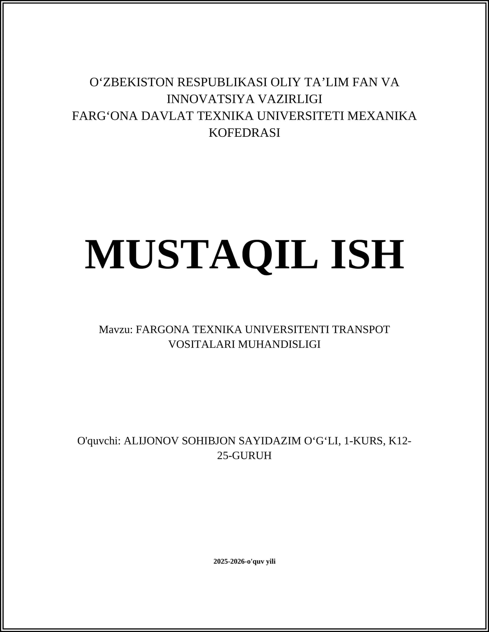 FARGONA TEXNIKA UNIVERSITENTI TRANSPOT VOSITALARI MUHANDISLIGI 1