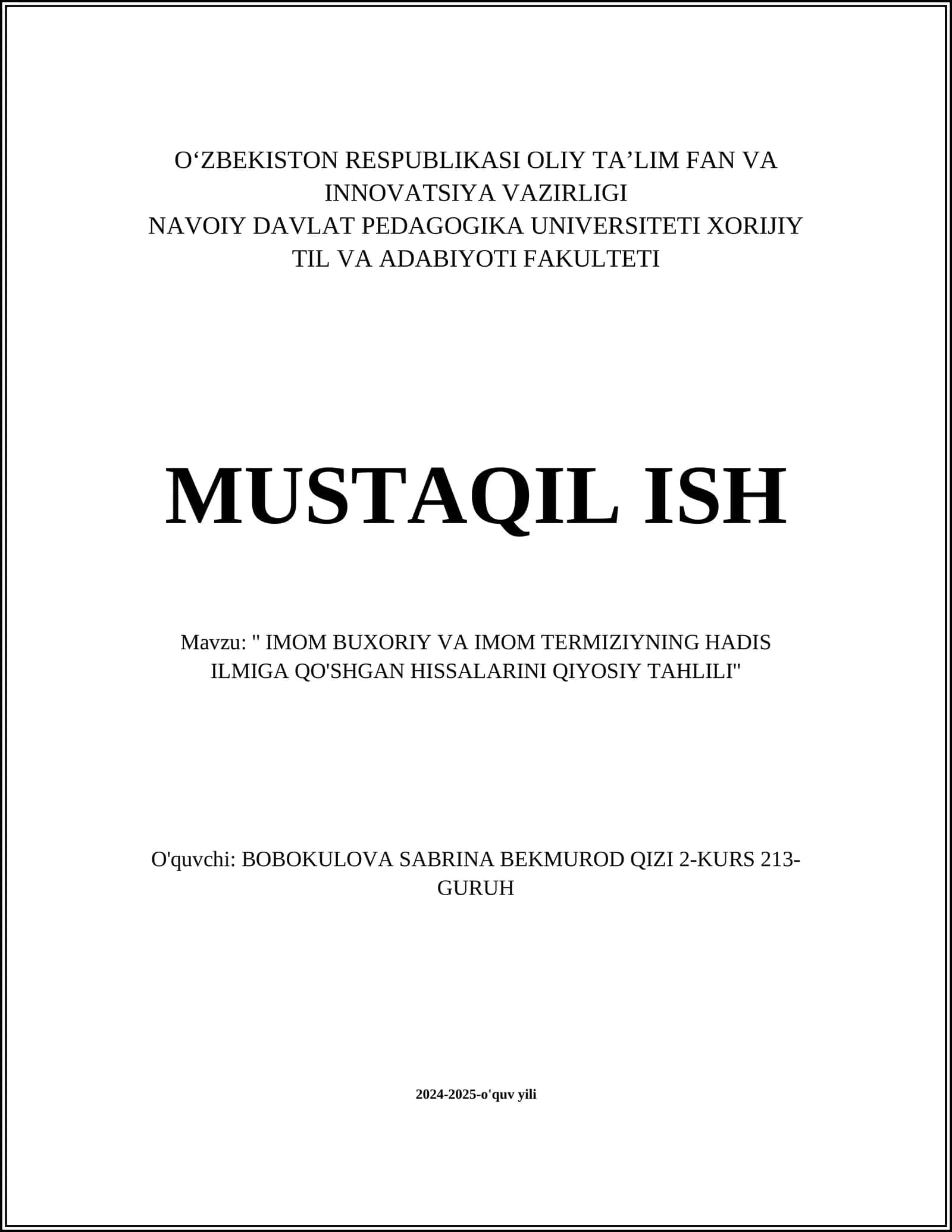 IMOM BUXORIY VA IMOM TERMIZIYNING HADIS ILMIGA QO'SHGAN HISSALARINI QIYOSIY TAHLILI 1